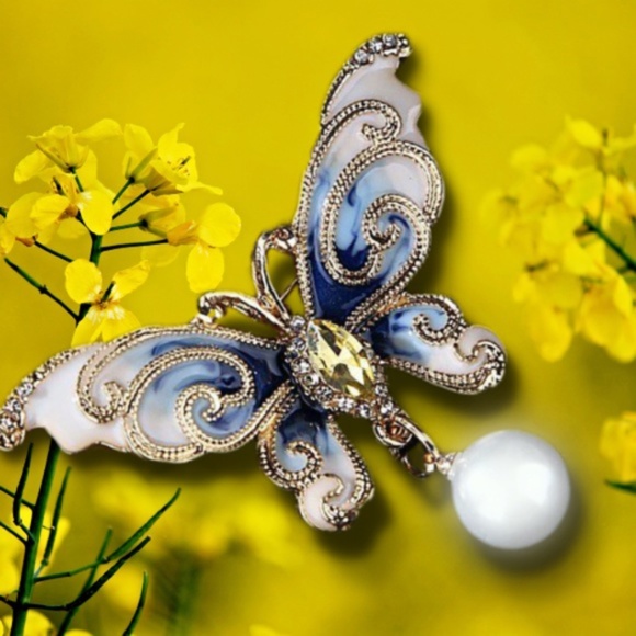 Blue Butterfly Brooch With Enamel, Crystals, Rhinestones, Faux Pearl - NWT - Picture 7 of 7